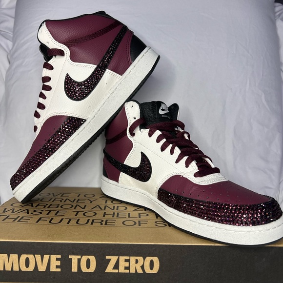 Women’s Nike Court Vision Mid - Next Sneaker w/ Burgundy Rhinestones - Picture 2 of 4
